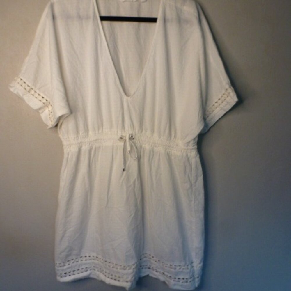 Athleta white cotton beach cover up draw string waist L large